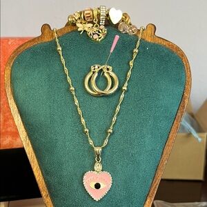 Gold/Pink Heart Evil Eye Necklace w/Pink Heart-themed Charm Bracelet & Hoops